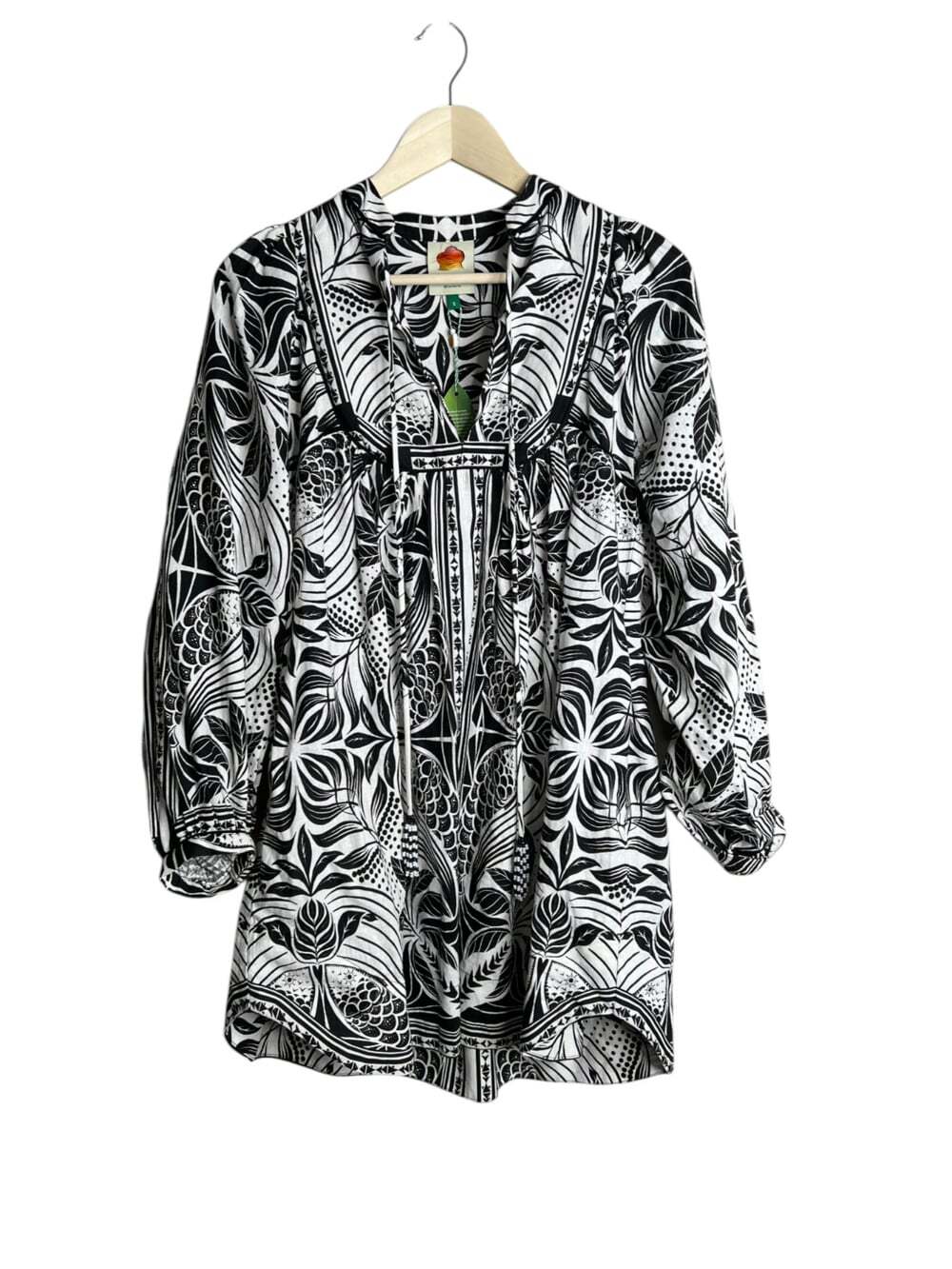 Farm Rio Monochrome Elegance Scarf Print Long Sleeve Linen Blend Dress Sz S NEW - Picture 2 of 11